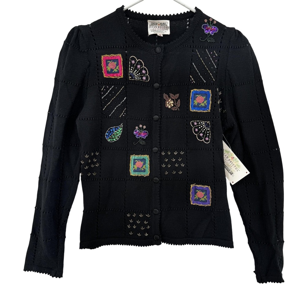 Vintage Susan Bristol Sweater Womens Small Embroidered‎ Beaded Floral Wool 90s